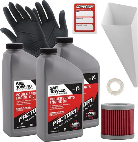 طقم تغيير الزيت الاصطناعي بالكامل من Factory Racing Parts متوافق مع Kawasaki KFX 400 - يتضمن 3 كوارت من زيت SAE 10W-40، وفلتر واحد، وغسالة سحق واحدة، وقمع واحد، وملصق تذكير بتغيير الزيت in Kuwait