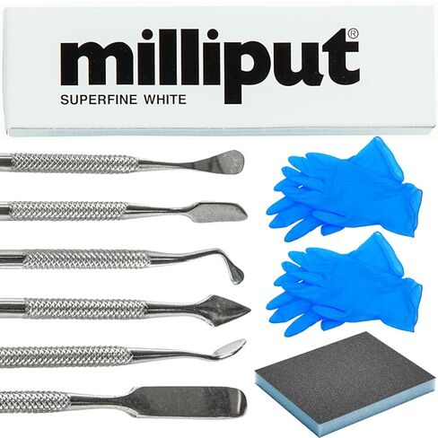 Milliput Plumbers Putty 10 Piece Set, Superfine White - with Sculpting Tools, Sanding Pad and Gloves - Ceramic Tile, Fiberglass Tub, Bath, Sink and Porcelain Repair Kit - 2 Part Epoxy Modeling Clay in Saudi Arabia