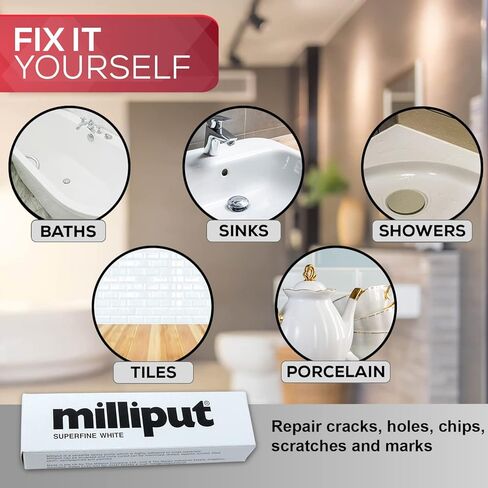 Milliput Plumbers Putty 10 Piece Set, Superfine White - with Sculpting Tools, Sanding Pad and Gloves - Ceramic Tile, Fiberglass Tub, Bath, Sink and Porcelain Repair Kit - 2 Part Epoxy Modeling Clay in Saudi Arabia