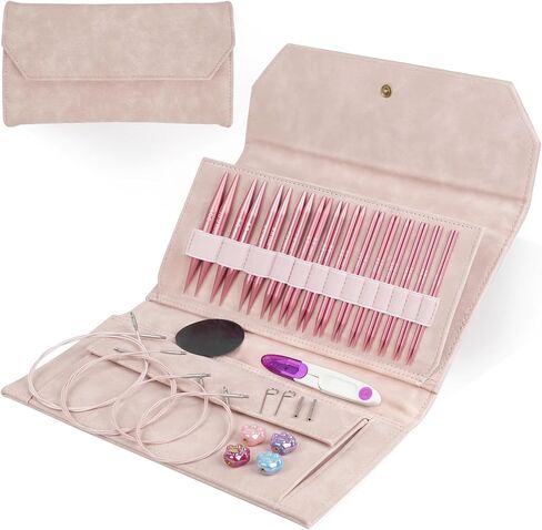 TRILVIX Circular Knitting Needles Set, 13 Pairs Interchangeable Knitting Needles 3mm-10mm with 4 Cables, Accessories & Pink Storage Bag, 4 Inch Aluminum Knitting Needles US Size 2~15 in Saudi Arabia