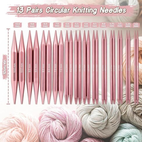 TRILVIX Circular Knitting Needles Set, 13 Pairs Interchangeable Knitting Needles 3mm-10mm with 4 Cables, Accessories & Pink Storage Bag, 4 Inch Aluminum Knitting Needles US Size 2~15 in Saudi Arabia
