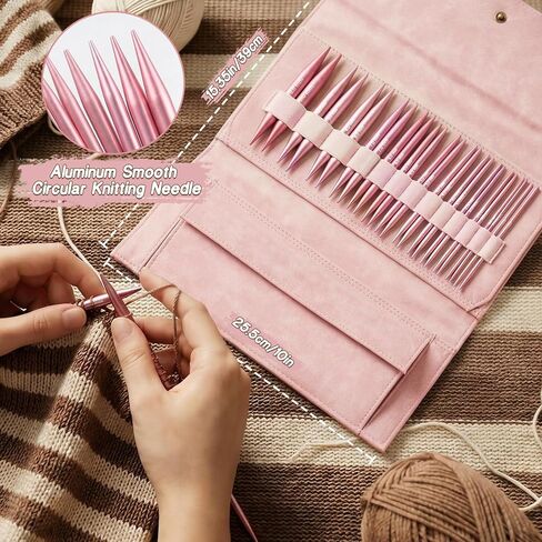 TRILVIX Circular Knitting Needles Set, 13 Pairs Interchangeable Knitting Needles 3mm-10mm with 4 Cables, Accessories & Pink Storage Bag, 4 Inch Aluminum Knitting Needles US Size 2~15 in Saudi Arabia