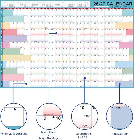 Yearly Wall Calendar 2026-2027 - Large Yearly Calendar 2026-2027, Jul 2026 - Jun 2027, 25.2'' x 38.2'' (Open), 12 Months, Thick Yearly Wall Calendar with To-do Lists, Notes, Stickers, All At One Page in Kuwait