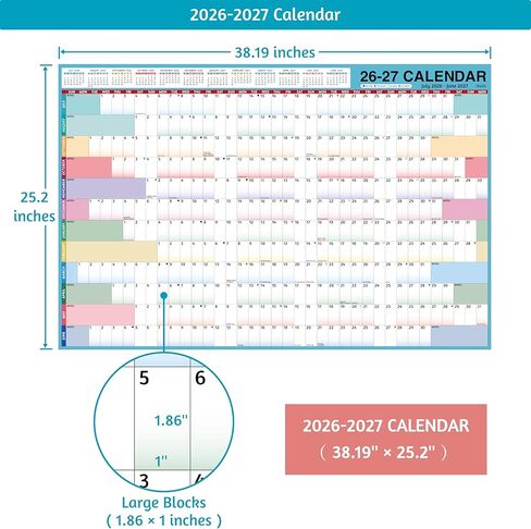 Yearly Wall Calendar 2026-2027 - Large Yearly Calendar 2026-2027, Jul 2026 - Jun 2027, 25.2'' x 38.2'' (Open), 12 Months, Thick Yearly Wall Calendar with To-do Lists, Notes, Stickers, All At One Page in Kuwait