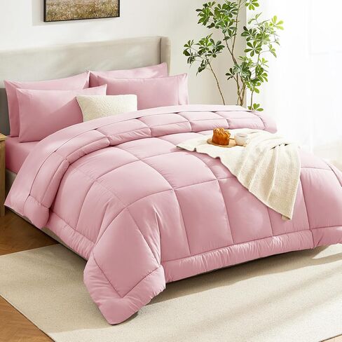 طقم لحاف CozyLux Queen وردي فاتح، 7 قطع سرير في حقيبة، لحاف وردي مقاس كوين، مجموعات مفروشات لجميع المواسم مع لحاف مبطن بالغرز، ملاءة مسطحة، ملاءة جاهزة، أغطية وسائد in Kuwait