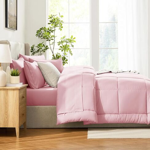 طقم لحاف CozyLux Queen وردي فاتح، 7 قطع سرير في حقيبة، لحاف وردي مقاس كوين، مجموعات مفروشات لجميع المواسم مع لحاف مبطن بالغرز، ملاءة مسطحة، ملاءة جاهزة، أغطية وسائد in Kuwait