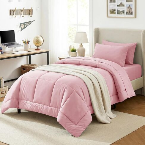 طقم لحاف CozyLux Queen وردي فاتح، 7 قطع سرير في حقيبة، لحاف وردي مقاس كوين، مجموعات مفروشات لجميع المواسم مع لحاف مبطن بالغرز، ملاءة مسطحة، ملاءة جاهزة، أغطية وسائد in Kuwait