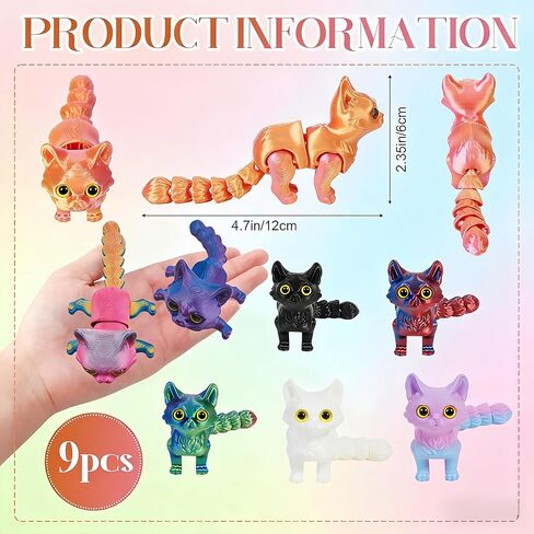 9pcs 3D Printed Cat Animals, 3D Printed Colorful Cat Set with Articulated Movable Joints Reduce Stress Animal Decor for Adult in Saudi Arabia