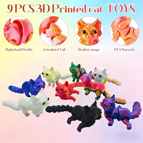 9pcs 3D Printed Cat Animals, 3D Printed Colorful Cat Set with Articulated Movable Joints Reduce Stress Animal Decor for Adult in Saudi Arabia
