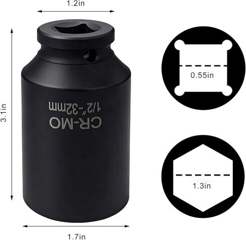 Anti-Rust Axle Nut Socket for Car, 32mm 1/2 Drive Shaft Nut Socket for Easy & Quick Removal, 6 Point Heavy Duty Steel Deep Impact Remover for Most Vehicles, Car Accessories in Saudi Arabia