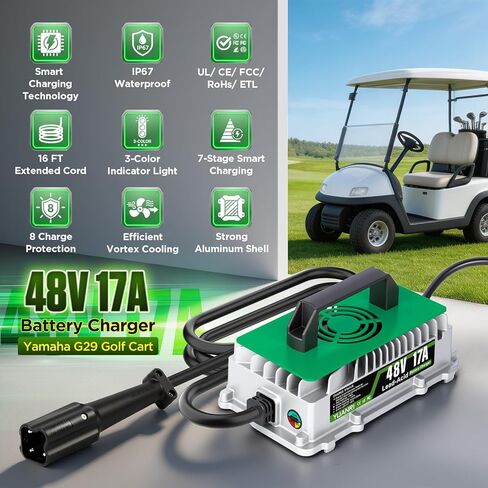 17 Amp 48 Volt Golf Cart Battery Charger for Yamaha G29 with 3-Pin Leaf Plug, IP67 Waterproof, Automatic 48V Smart Trickle Charger for Lead Acid Battery in Saudi Arabia