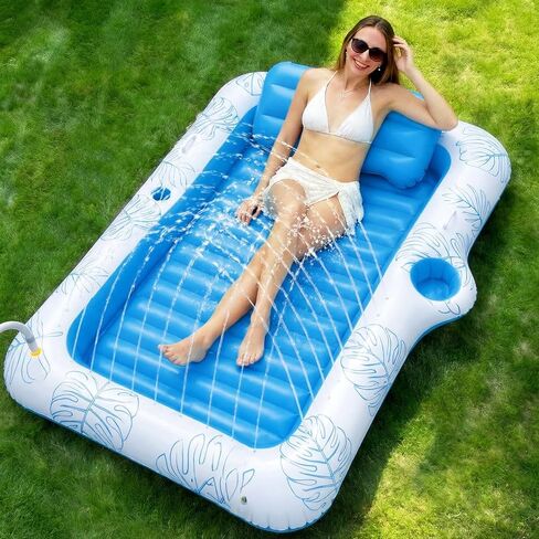 Zeraty 83'' x 50'' Inflatable Tanning Bed Pool Lounger, 2-in-1 Tanning Floating Rafts for Adults, Beach Backyard Personal Sunbathing Pool with Cup Holder, Ice Tray and Sprinkler (330lbs Capacity) in Saudi Arabia