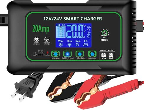 20 Amp Smart Battery Charger, 12V/20A and 24V/10A Car Battery Charger, Trickle & Maintainer Pulse Repair for Lithium, Lifepo4, Lead-Acid (AGM/Gel/SLA), Boat, Motorcycle, Golf Cart, Tractors in Saudi Arabia