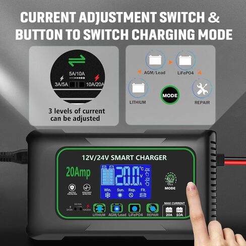20 Amp Smart Battery Charger, 12V/20A and 24V/10A Car Battery Charger, Trickle & Maintainer Pulse Repair for Lithium, Lifepo4, Lead-Acid (AGM/Gel/SLA), Boat, Motorcycle, Golf Cart, Tractors in Saudi Arabia