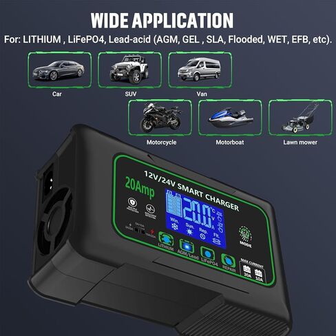 20 Amp Smart Battery Charger, 12V/20A and 24V/10A Car Battery Charger, Trickle & Maintainer Pulse Repair for Lithium, Lifepo4, Lead-Acid (AGM/Gel/SLA), Boat, Motorcycle, Golf Cart, Tractors in Saudi Arabia