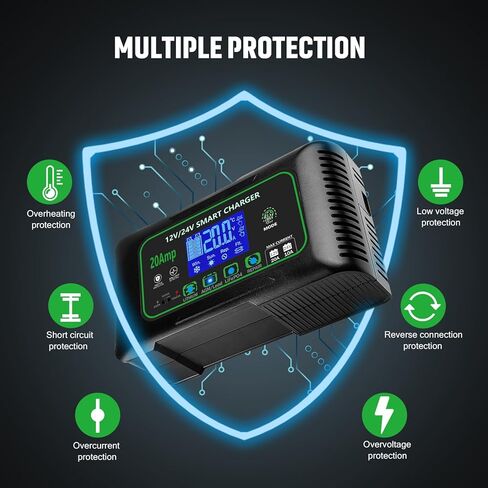 20 Amp Smart Battery Charger, 12V/20A and 24V/10A Car Battery Charger, Trickle & Maintainer Pulse Repair for Lithium, Lifepo4, Lead-Acid (AGM/Gel/SLA), Boat, Motorcycle, Golf Cart, Tractors in Saudi Arabia