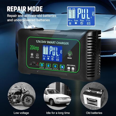 20 Amp Smart Battery Charger, 12V/20A and 24V/10A Car Battery Charger, Trickle & Maintainer Pulse Repair for Lithium, Lifepo4, Lead-Acid (AGM/Gel/SLA), Boat, Motorcycle, Golf Cart, Tractors in Saudi Arabia