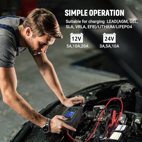 20 Amp Smart Battery Charger, 12V/20A and 24V/10A Car Battery Charger, Trickle & Maintainer Pulse Repair for Lithium, Lifepo4, Lead-Acid (AGM/Gel/SLA), Boat, Motorcycle, Golf Cart, Tractors in Saudi Arabia