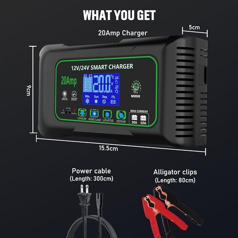 20 Amp Smart Battery Charger, 12V/20A and 24V/10A Car Battery Charger, Trickle & Maintainer Pulse Repair for Lithium, Lifepo4, Lead-Acid (AGM/Gel/SLA), Boat, Motorcycle, Golf Cart, Tractors in Saudi Arabia