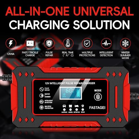 6-Amp Battery Charger, 12V 6A Lead Acid Portable Car Battery Charger 4-Stage Trickle Charger Smart Battery Maintainer w/Temp Compensation for Car Truck Lawn Mower Boat Marine in Kuwait