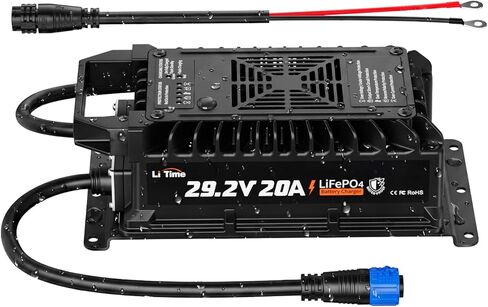 LiTime 24V (29.2V) 20A Lithium Battery Charger, IP67 Waterproof 24V LiFePO4 Battery Charger with Battery Activation, Smart 3-Stage AC-DC Charger for RV, Marine, Trolling Motor & Off-Grid in Kuwait