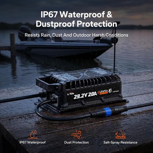 LiTime 24V (29.2V) 20A Lithium Battery Charger, IP67 Waterproof 24V LiFePO4 Battery Charger with Battery Activation, Smart 3-Stage AC-DC Charger for RV, Marine, Trolling Motor & Off-Grid in Kuwait