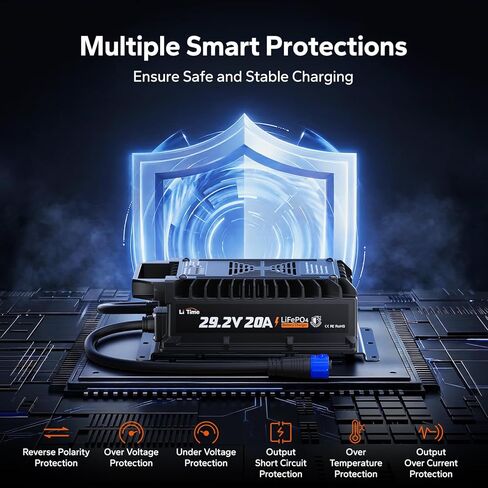 LiTime 24V (29.2V) 20A Lithium Battery Charger, IP67 Waterproof 24V LiFePO4 Battery Charger with Battery Activation, Smart 3-Stage AC-DC Charger for RV, Marine, Trolling Motor & Off-Grid in Kuwait