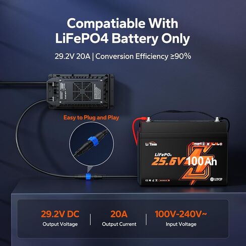 LiTime 24V (29.2V) 20A Lithium Battery Charger, IP67 Waterproof 24V LiFePO4 Battery Charger with Battery Activation, Smart 3-Stage AC-DC Charger for RV, Marine, Trolling Motor & Off-Grid in Kuwait