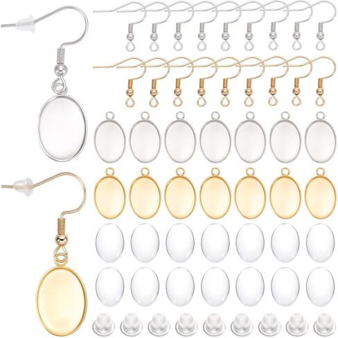 40Pcs Bezel Tray Earrings Stainless Steel Cabochon Bezel Earring Blanks Bulk Oval Pendant Trays with Glass Cabochons Setting Accessories for Jewelry Making Supplies DIY Crafts Beginner Adults in Kuwait