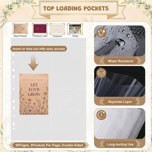 400 Pockets 6x4" Seed Storage Organizer Sleeves with 100 Pcs Seed Envelopes Resealable for Storage Double Sided 4 Pocket Garden Organizer Sheet for 3 Ring Binder in Kuwait