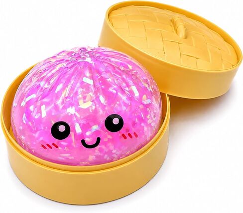 Glitter Dumpling Toy with Steamer Box, Funny Squeeze Dough Stress Ball, Realistic Steamed Bun Fidget Sensory Toy for Desk Anxiety Relief Calming Travel Accessory Gift in Saudi Arabia
