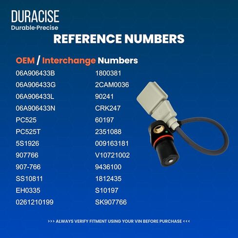 DURACISE Engine Crankshaft Position Sensor Compatible with 2000-2013 Volkswagen Golf, Jetta, GTI, Beetle, Passat, Eos & 2005-2009 Audi A4, A3, TT, S3 & Seat Leon, Ibiza | OEM# 06A906433G, 06A906433L in Saudi Arabia