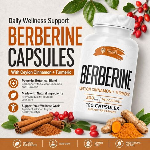 Berberine Capsules Ceylon Cinnamon & Turmeric - Berberine HCL Dietary Supplement for Men and Women – Non GMO Berberine 1000mg, Immune System Booster in Saudi Arabia