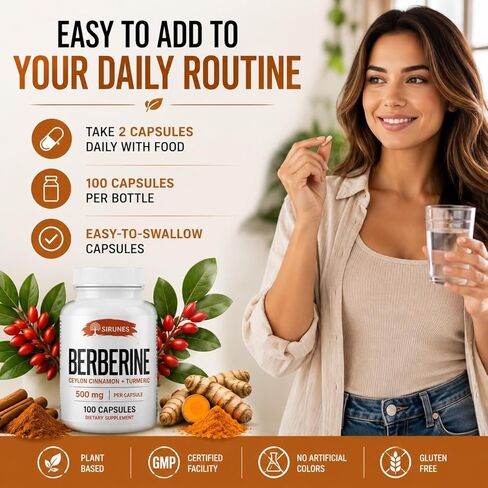 Berberine Capsules Ceylon Cinnamon & Turmeric - Berberine HCL Dietary Supplement for Men and Women – Non GMO Berberine 1000mg, Immune System Booster in Saudi Arabia