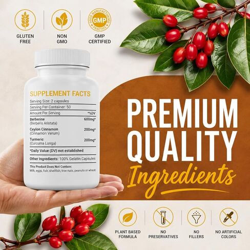 Berberine Capsules Ceylon Cinnamon & Turmeric - Berberine HCL Dietary Supplement for Men and Women – Non GMO Berberine 1000mg, Immune System Booster in Saudi Arabia