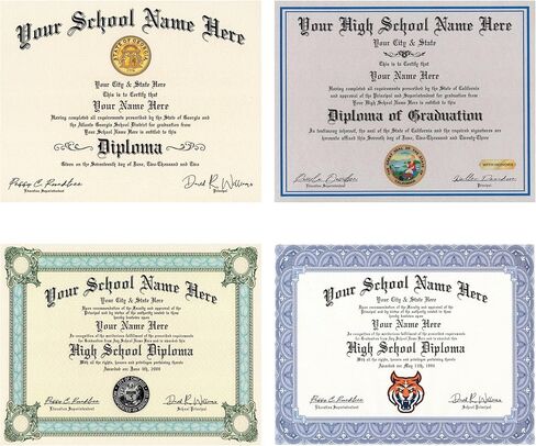 High School Diploma - 4 Piece Set - Custom Printed with Your School Name & Info - 4 Copies in 4 Styles - Novelty Highschool Certificate in Saudi Arabia