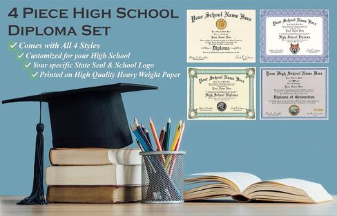 High School Diploma - 4 Piece Set - Custom Printed with Your School Name & Info - 4 Copies in 4 Styles - Novelty Highschool Certificate in Saudi Arabia