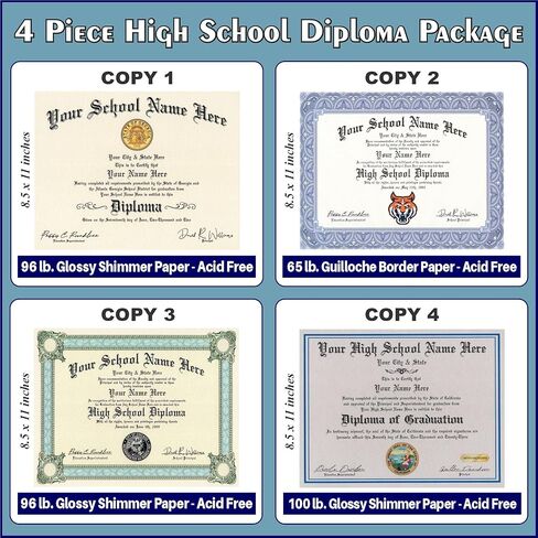 High School Diploma - 4 Piece Set - Custom Printed with Your School Name & Info - 4 Copies in 4 Styles - Novelty Highschool Certificate in Saudi Arabia