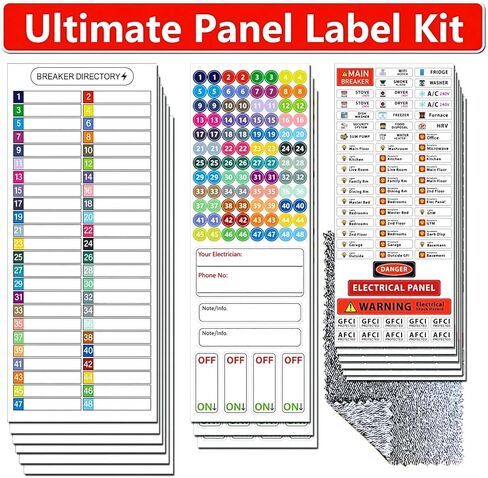 Ultimate 48 Circuit Electrical Panel Labels Kit with Cleaning Cloth, Waterproof Vinyl Breaker Labels & Directory Sheet, Tear Resistant Strong Adhesive, Easy Read Icons (Colors*48 Circuits (15 Sheets)) in Saudi Arabia