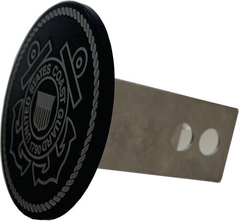 Military Hitch Covers Made in USA Machined from 1/4" Thick 6061 Aluminum in a 5" Round Design and 2" Aluminum Plug to Prevent Rust Matte Black Powder Coated and Laser Engraved (Coast Guard) in Saudi Arabia