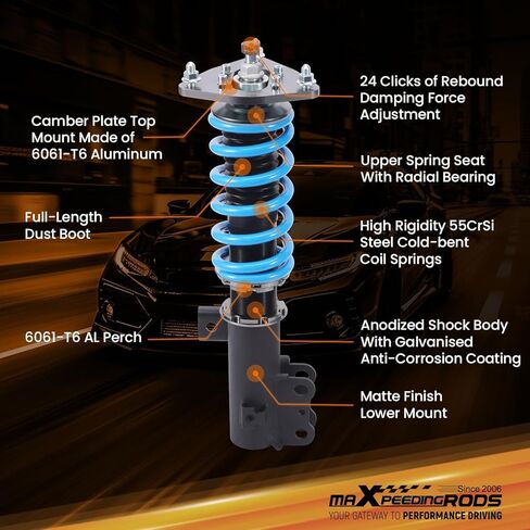 maxpeedingrods Coilover لسيارة Hyundai Genesis Coupe 2010-2016، طقم تعليق كويلوفيرس قابل للتعديل بـ 24 مستوى، دعامات ممتص الصدمات قابلة للضبط على الارتفاع، مجموعات خفض مطورة T6 باللون الأزرق in Kuwait