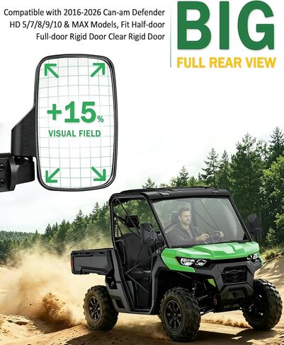 مرايا جانبية Defender، مرآة UNIGT UTV متوافقة مع Can Am Defender HD10 HD9 HD8 HD7 HD5 2016-2026، مرآة كبيرة/سهلة التركيب/قابلة للتعديل تناسب كامل الباب، نصف باب، بدون أبواب وحزام أمان قطعة واحدة in Kuwait