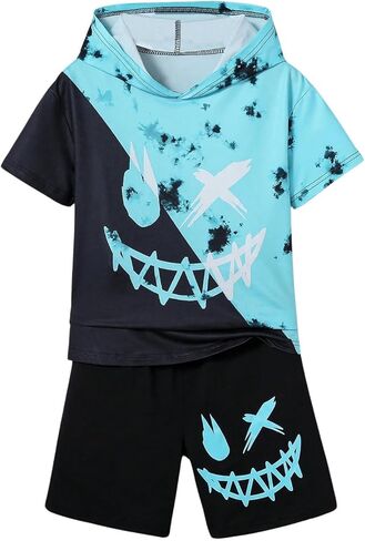 WDIRARA Boy's Two Piece Graphic Print Drawstring Hooded Neck Tops and Track Shorts Clothing Set in Saudi Arabia