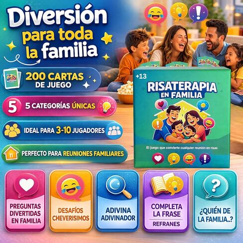 Risaterapia en Familia - Juego de Mesa Familiar en Español, 200 Cartas, 5 Categorías para Reír y Conectar. Spanish Games for Family 13+. Perfecto Como juegos familiares Divertidos. in Kuwait