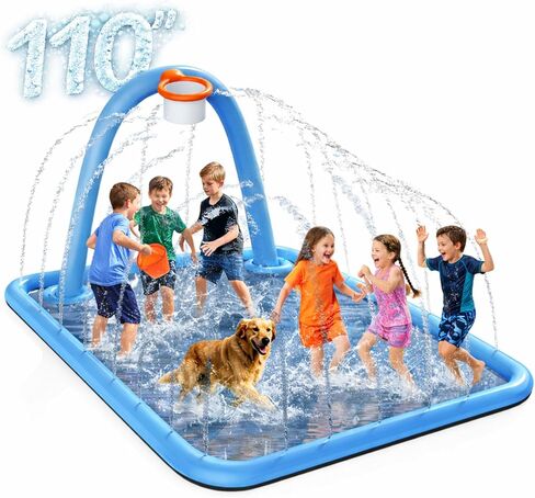 Splash Pad for Kids & Dogs, 110'' Large Sprinkler Pad Water Toys with Basketball Hoop, Thickened Non-Slip Splash Mat, Foldable Play Pool & Outdoor Summer Toys Ages 4-12 (110" Splash Pad) in Saudi Arabia