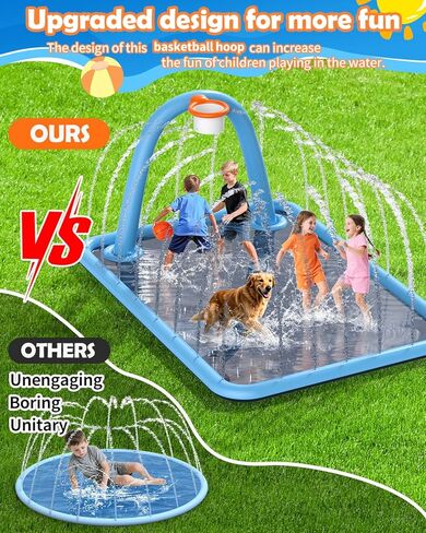 Splash Pad for Kids & Dogs, 110'' Large Sprinkler Pad Water Toys with Basketball Hoop, Thickened Non-Slip Splash Mat, Foldable Play Pool & Outdoor Summer Toys Ages 4-12 (110" Splash Pad) in Saudi Arabia