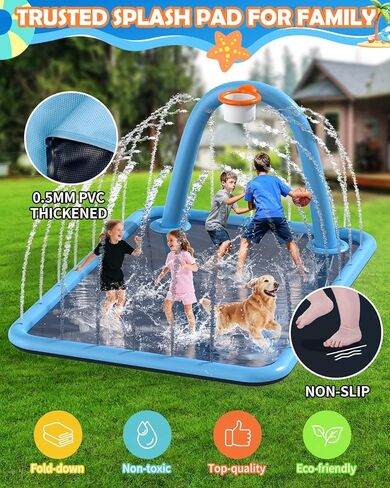 Splash Pad for Kids & Dogs, 110'' Large Sprinkler Pad Water Toys with Basketball Hoop, Thickened Non-Slip Splash Mat, Foldable Play Pool & Outdoor Summer Toys Ages 4-12 (110" Splash Pad) in Saudi Arabia
