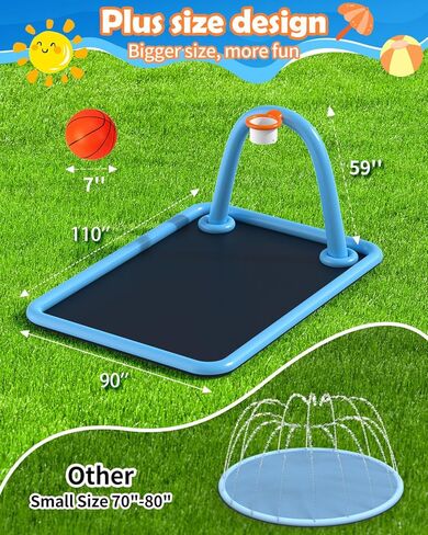 Splash Pad for Kids & Dogs, 110'' Large Sprinkler Pad Water Toys with Basketball Hoop, Thickened Non-Slip Splash Mat, Foldable Play Pool & Outdoor Summer Toys Ages 4-12 (110" Splash Pad) in Saudi Arabia