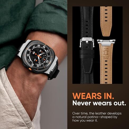 Suitisbest Genuine Leather Band Compatible with Samsung Galaxy Watch Ultra Bands 47mm for 2025 2024, No Gap Designer Rugged Strap with Metal Connectors for Men, Ideal Birthday Gift for Him in Saudi Arabia