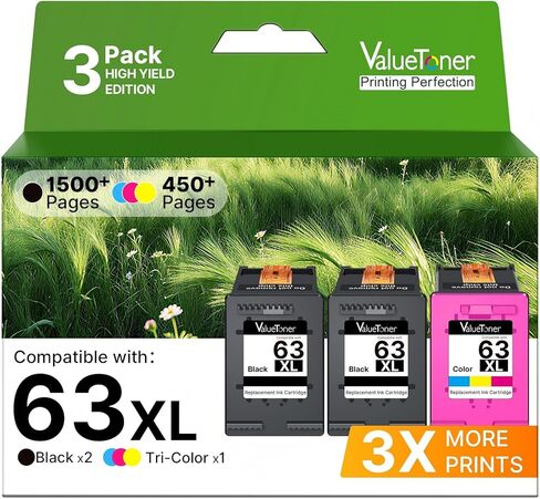 خراطيش حبر 63XL باللون الأسود واللون 3 عبوات بديلة لحبر HP 63 XL HP63XL لـ HP Envy 4520 4512 Officejet 3830 4650 4655 5252 5255 5255 5258 Deskjet 1112 2130 2132 3630 3632 (2 أسود، 1 لون) in Kuwait